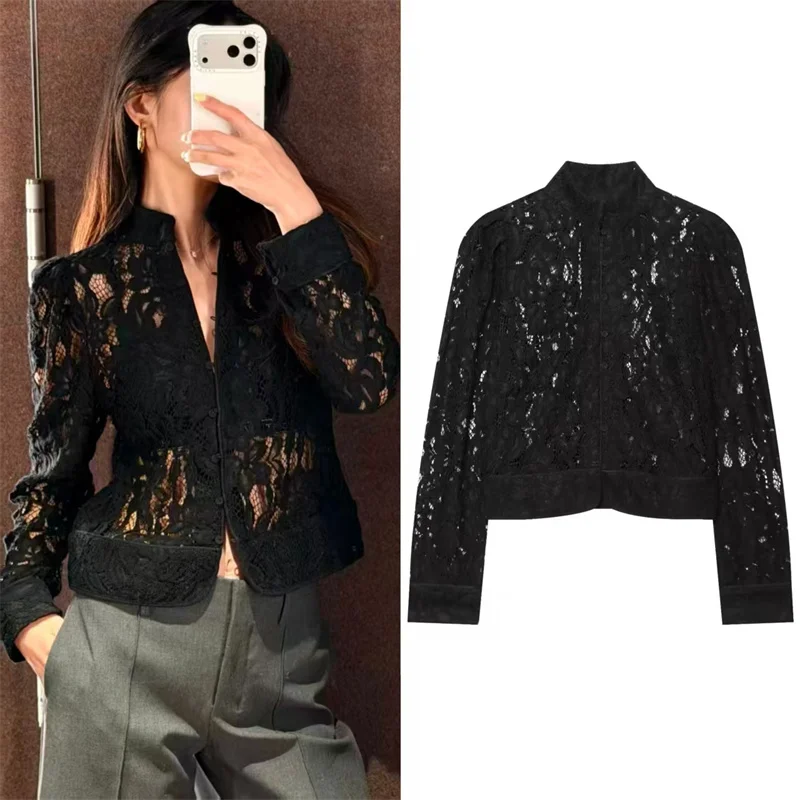 Guobioziy Women's Jacket 2026 Fall New Arrival Black Long-Sleeve Lace Hollow-Out Decorative Sexy See-Through Jacket Elegant