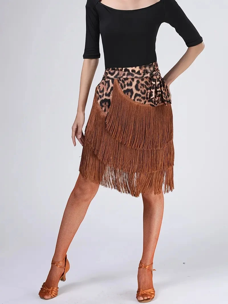 Fashion Leopard Print Hip Wrap Scarf Skirt, Stretchy Asymmetrical Tassel Latin Tango Dance Ballroom Short Skirt Women's Activew