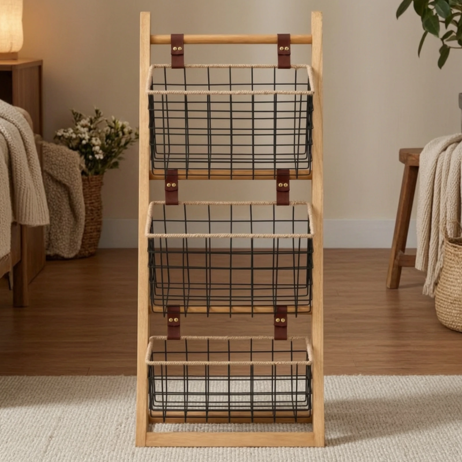 Wooden Rack with Wire Baskets Slim Storage Rack with Baskets Freestanding Floor Organizer Compact Freestanding Organizer Shelf