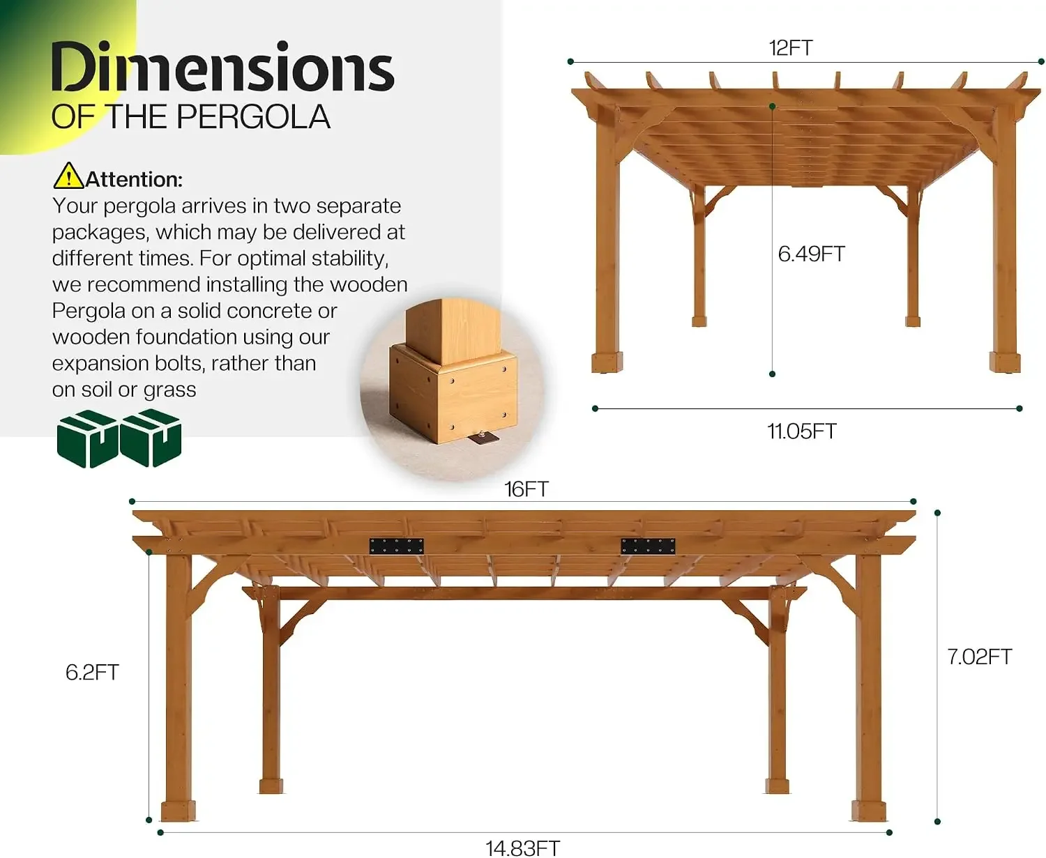 12x16 FT Premium Cedar Wood Pergola with Trellis Roof & Stakes | Outdoor Pergola Kit with Weather-Resistant Support, Backyard Ga