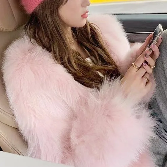 

Women Faux Fox Fur Coats Solid Short Jackets V Neck Long Sleeves Open Stitch Thick Warm Fur Loose Fit Casual 2025 Autumn Winter