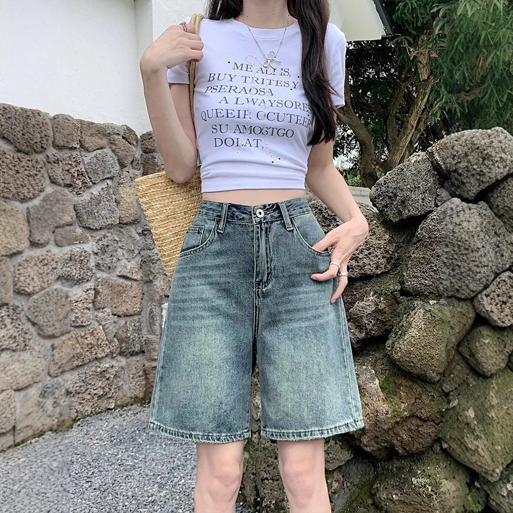 

High Waist Wide Leg Denim Five-Quarter Shorts Women's Loose Casual Slimming Vintage Straight Cut Mid-Calf Pants Summer