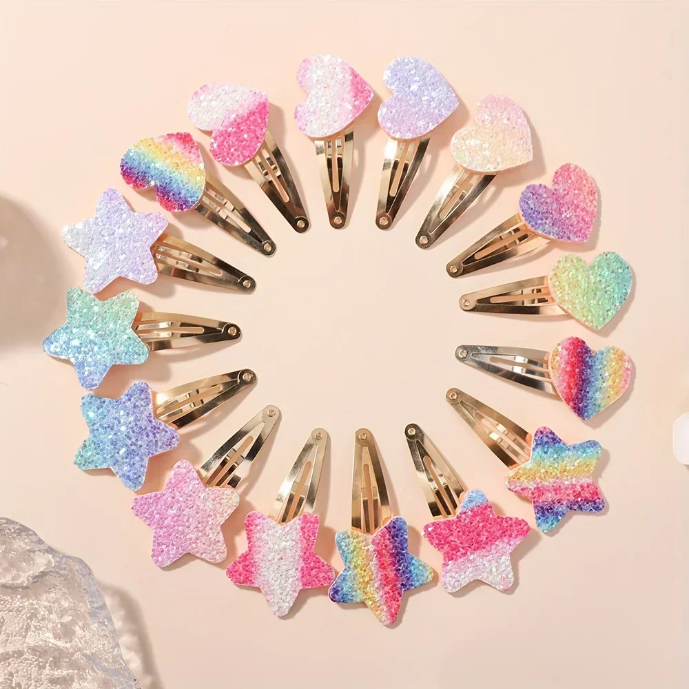 16Pcs/set Cute Glitter Rainbow Heart Star BB Handmade Hair Clips for Girls Handmade Hairpins Barrettes Headwear Hair Accessories