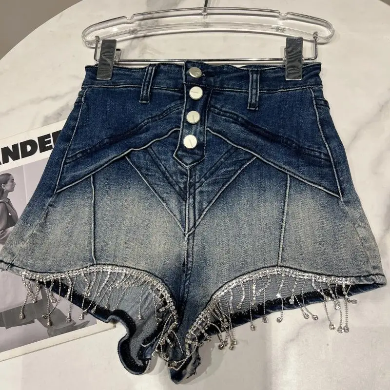 

High Street Beaded Diamond Tassel Gradient Denim Shorts Women Summer New Single Breasted Sexy Wide-Leg Jean Short s321