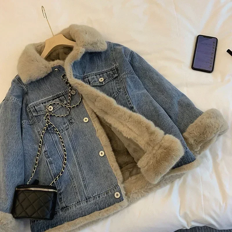 2024 Women\'s Autumn and Winter Lamb Wool Denim Jacket Season Loose Casual Piled Thickened Cotton Parka Clothes