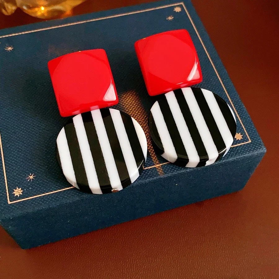 Women's Geometric Square Black White Striped Drop Earrings