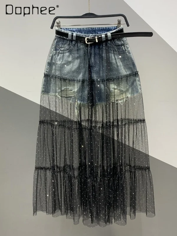 NOVEDAD DE VERANO 2021, minifalda vaquera rasgada de dos piezas falsa, falda de pastel ajustada de longitud media por encima de la rodilla de malla de retales a la moda para mujer