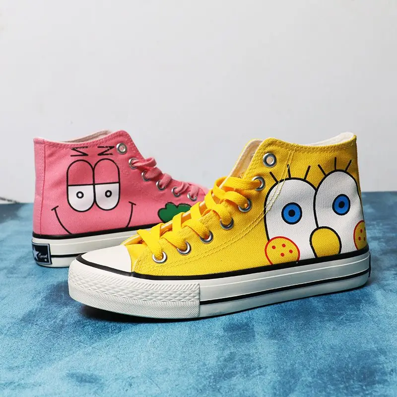 2024 Summer New yellow pink Student SpongeBob SquarePants High Top Canvas Cute Girl Cartoon big size man shoes women Shoes