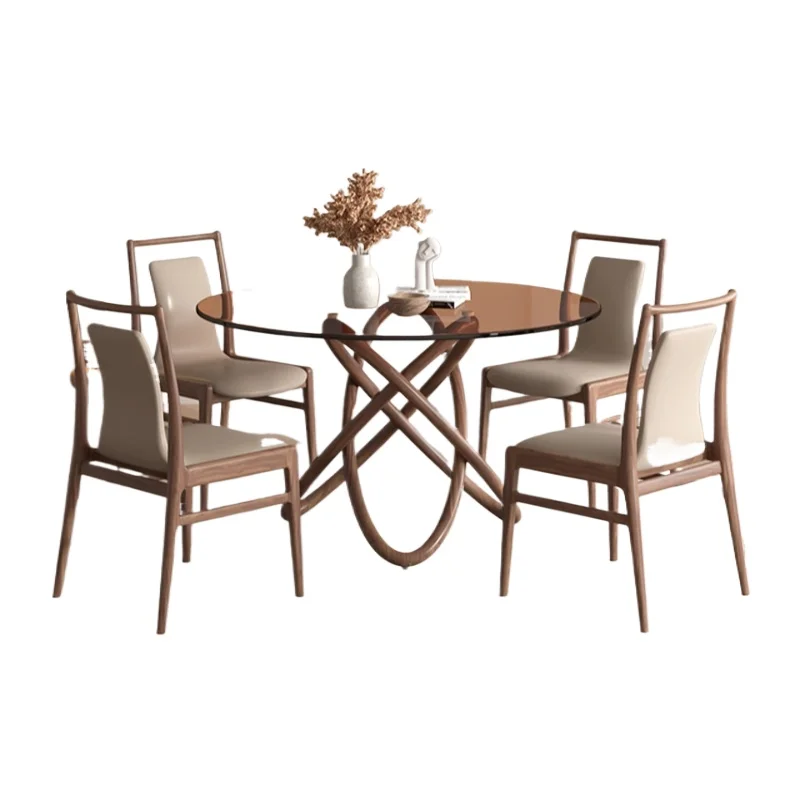 

Black walnut glass round dining table and chairs Modern light luxury simple design Nordic small apartment solid wood glass