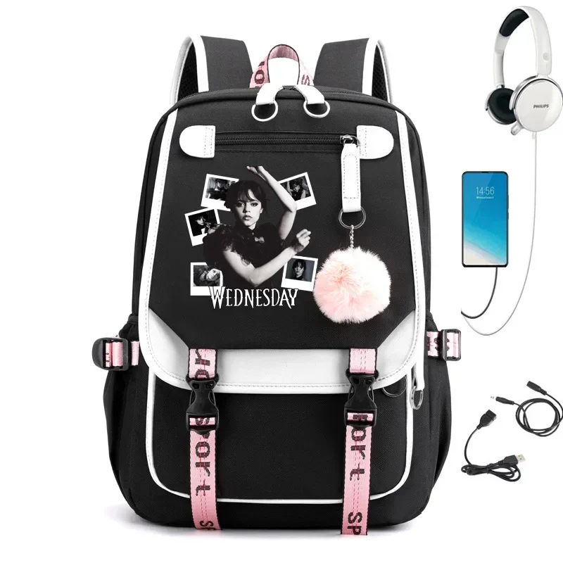 Wednesday Addams Cosplay Backpack USB Charge Laptop SchoolBag Rucksack Women Men Backbag Travel Daypacks Woman Leisure Bags