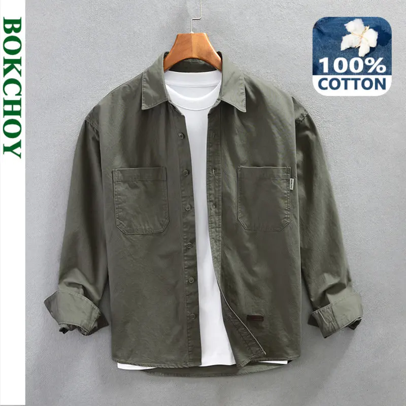 Spring New Retro Cargo Shirts Men Casual 100% Cotton Big Pockets Men Tops Oversize AZ762