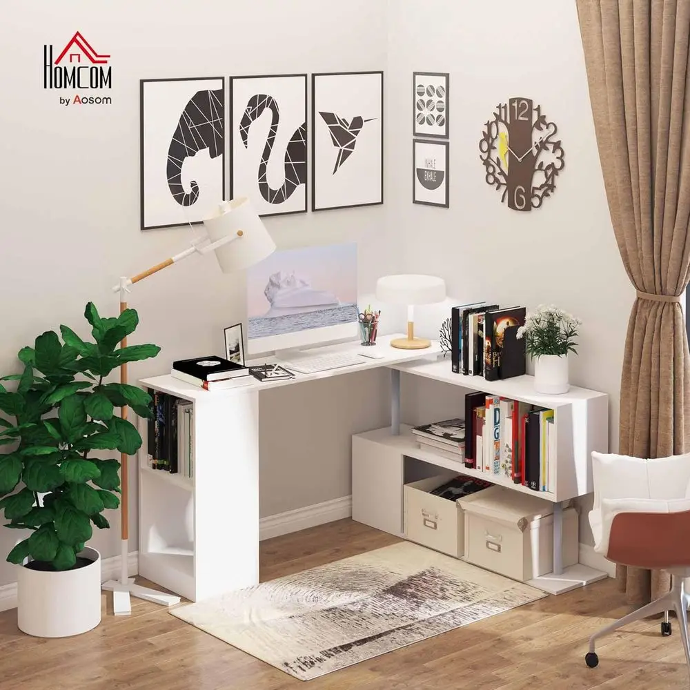 L-Shaped Swivel Computer Desk with 360° Rotation, 3-Tier Storage and Bookshelf, White Office Workstation