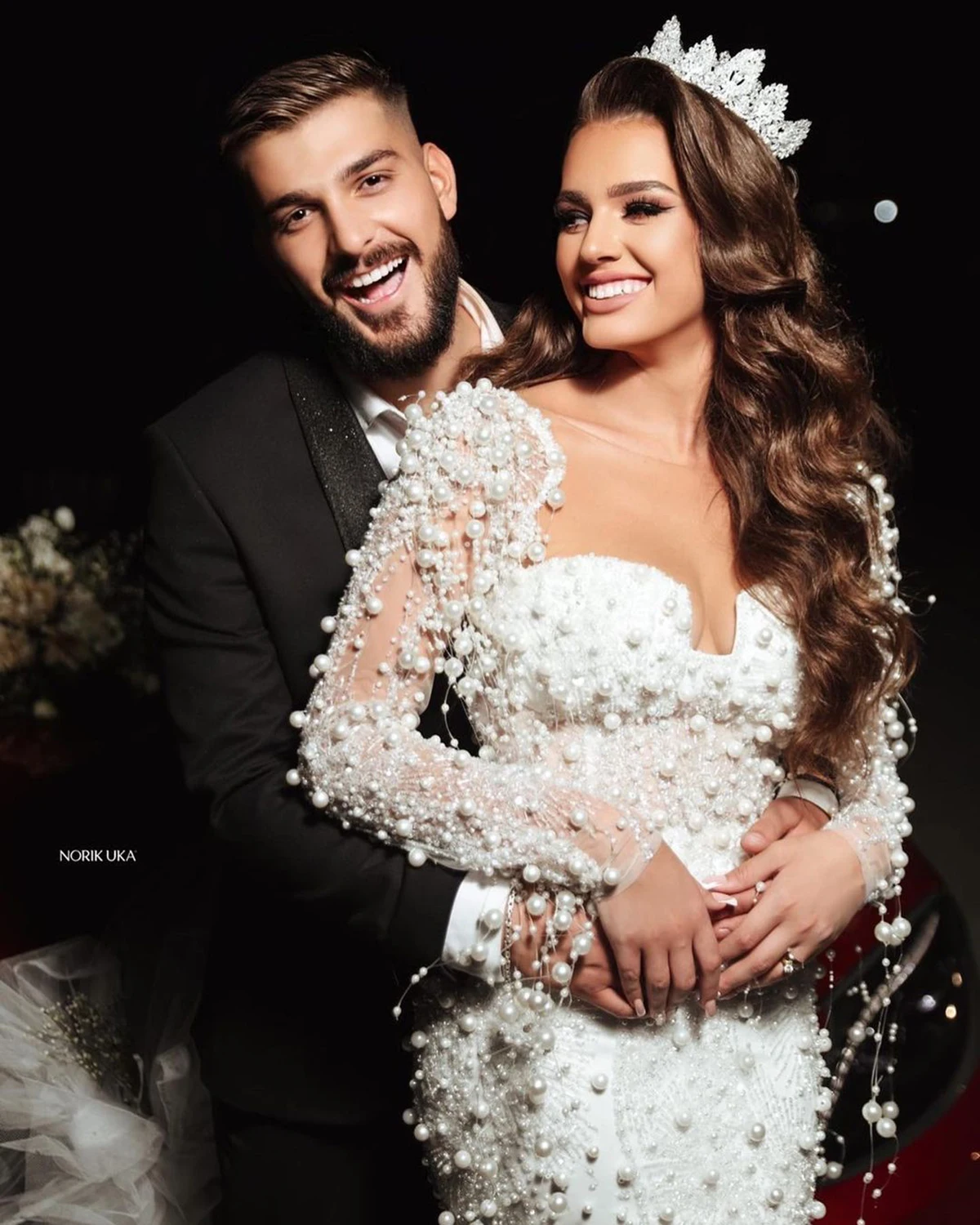 Pearls Beading Mermaid Wedding Dress O Neck Long Sleeve Side Split Vestido Casamento Bridal Gowns with Detachable Train