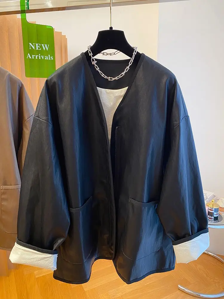 Premium brown leather jacket women's spring and autumn 20245 loose Maillard wear PU leather