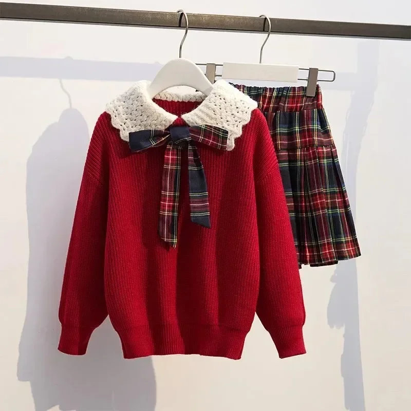 Teenage Girls JK Suit Clothing Winter Children Knitted Lapel Sweater Plaid Pleated Skirt Autumn School Clothes Trend