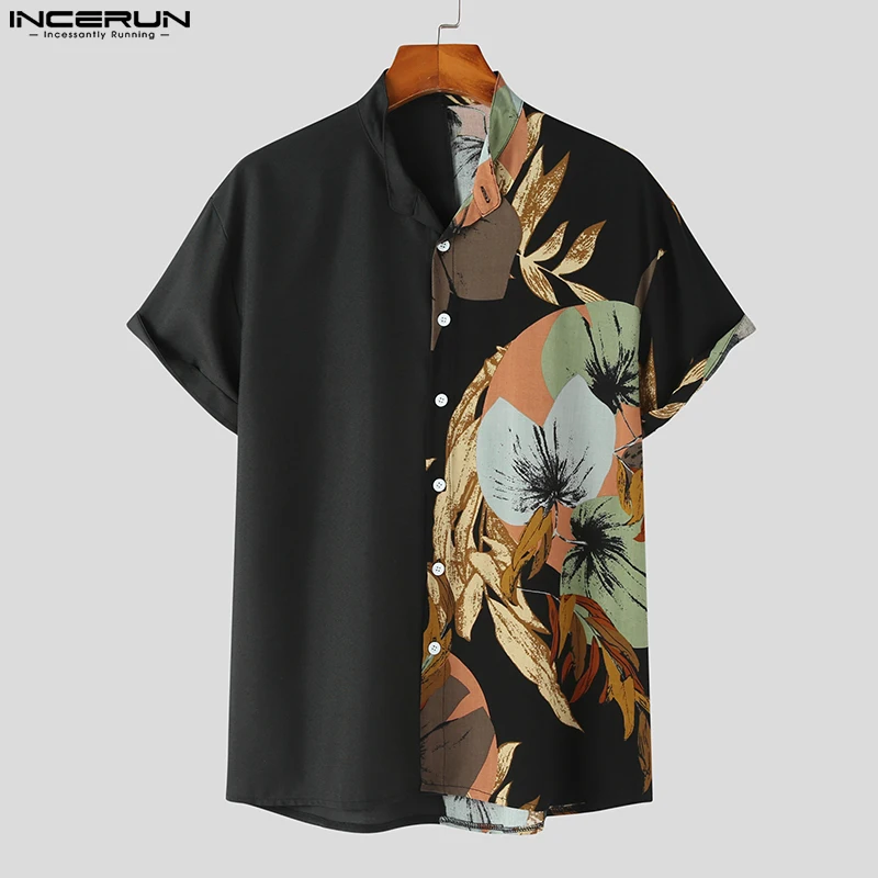 INCERUN Tops 2024 Korean Style New Men Simple Two Color Patchwork Blouse Casual Plant Pattern Printed Short Sleeved Shirts S-5XL