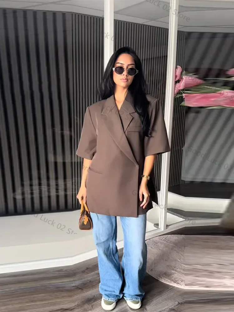 캐주얼 여성 블레이저 코트 반팔 턴다운 칼라 포켓 솔리드 레이디 코트 2025 여름 가을 여성 스트릿 아우터