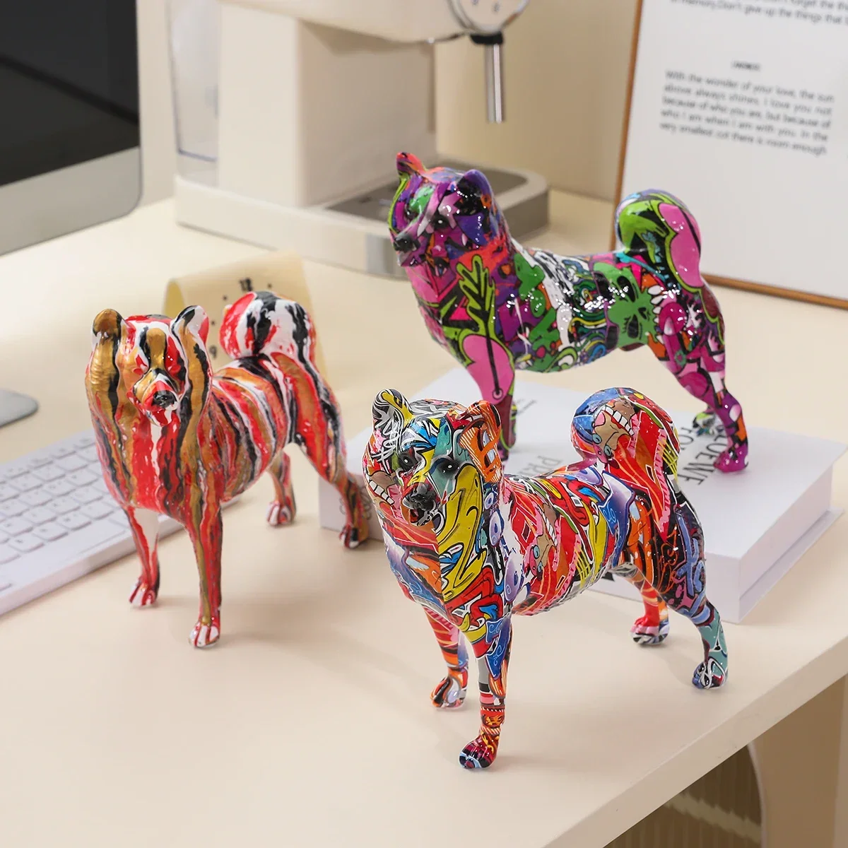 8.66inch Painting Art Graffiti Akita Dog Creative Resin Crafts Home Decoration Office Lover family Pet Crafts Gift Figurines