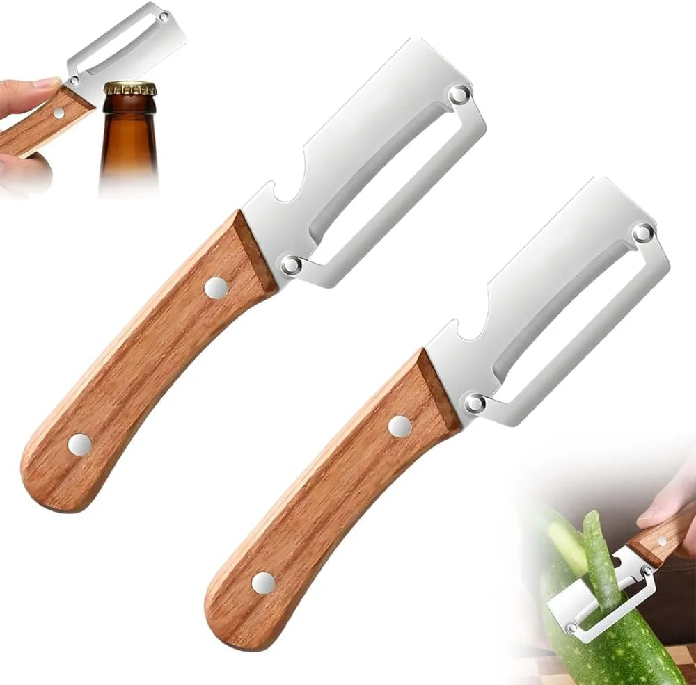 Vegetable Peeler with Wooden Handle and Bottle Opener: 2-in-1 Stainless Steel Kitchen Tool for Fruit Potato Pumpkin
