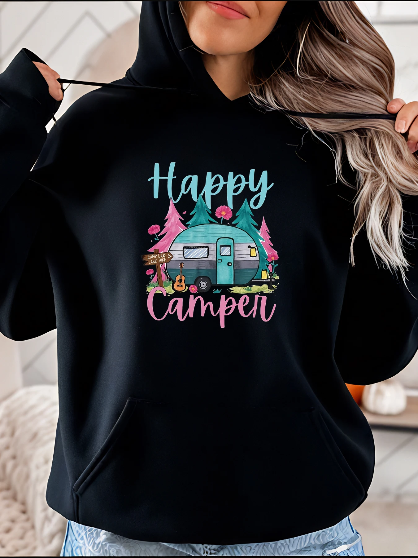 

Happy Camper Print Hoodie Casual Women's Sweatshirt Camping Scene with Trailer Trees and Guitar Outdoor Adventure Style