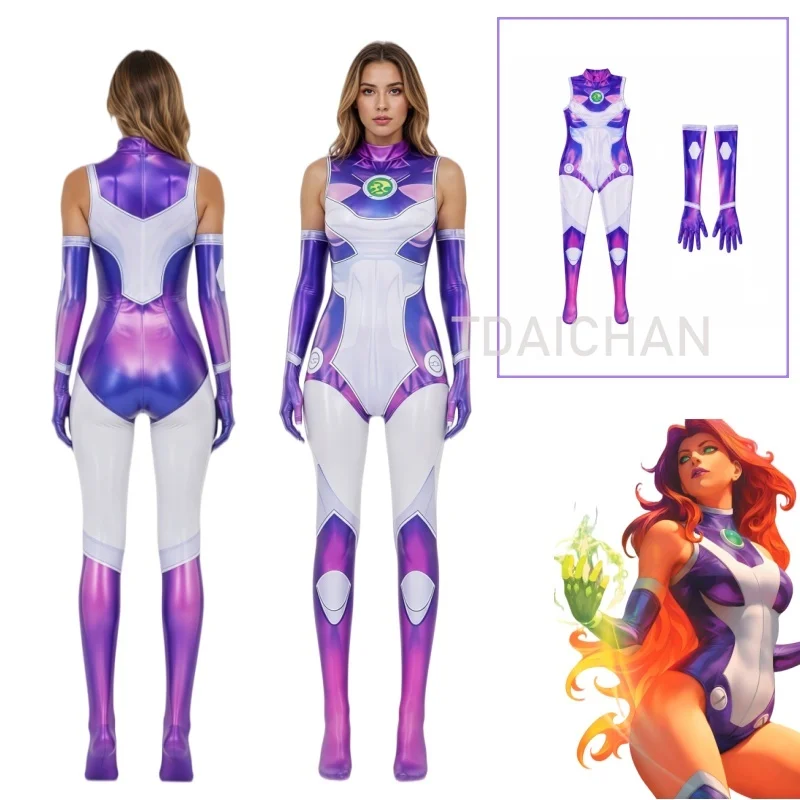 ティーン-タイタンズ-スター-コスプレ衣装-ボディスーツ-女性用-3d-プリント-デザイン-グリーン-エネルギー-コア-パーティー-コスプレ-ハロウィン-イベントに最適