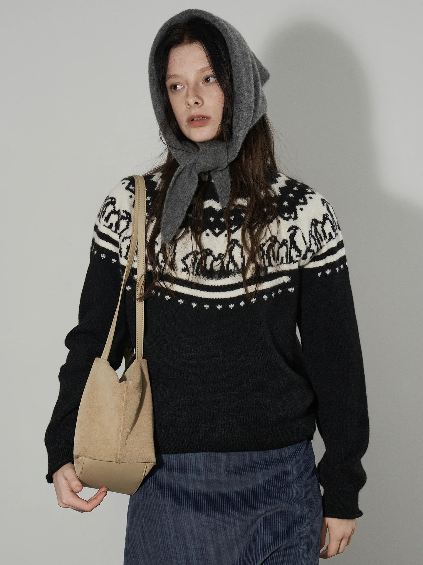 

Lofi Choose Vintage Fair Isle Knitted Wool Sweater Women's Winter New Sle Versatile Loose Fit round Ne Long Sve Top