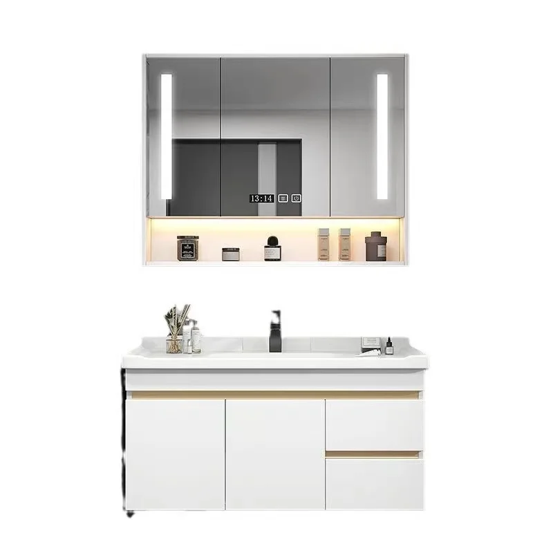 

Bathroom washbasin ceramic integrated mirror cabinet combination, small unit, gray solid wood structure