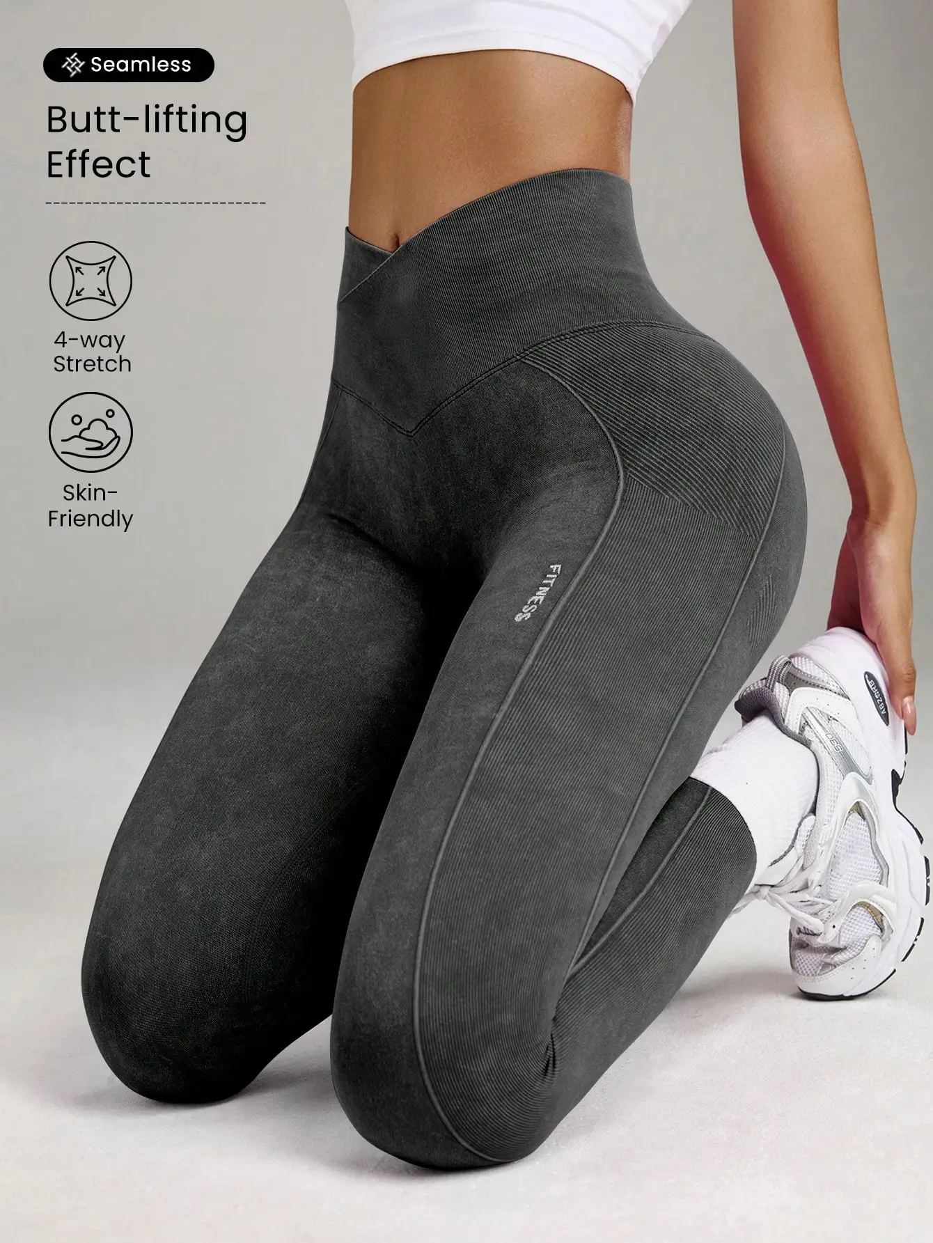 Nahtlose, sandgewaschene, figurformende Yoga-Leggings für Damen, hochtaillierte, dehnbare Fitness-Workout-Hose – Detail 4