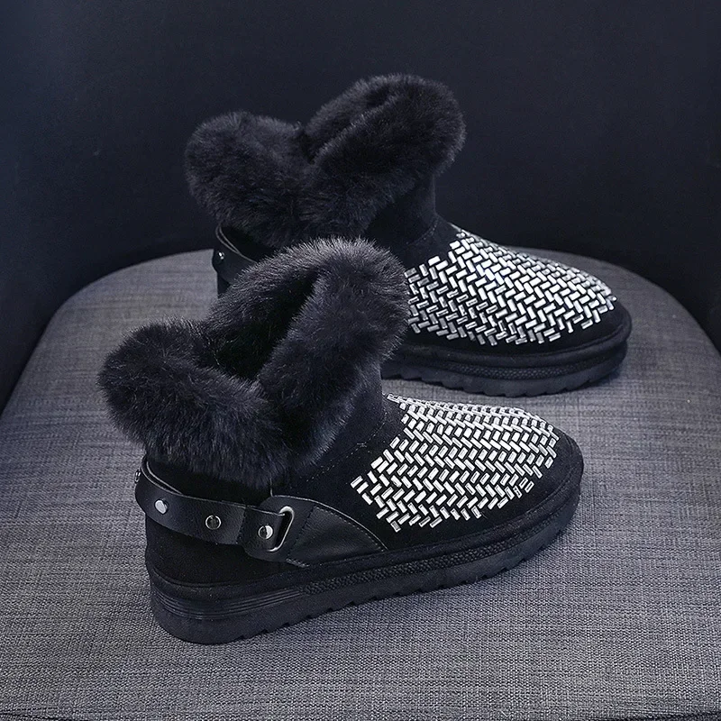 Dames Snowboots Platform Dikke Ronde Neus Strass Zwarte Enkelschoenen Voor Dames Laarsjes Elegant Met Lage Hakken Gothic Op Slip