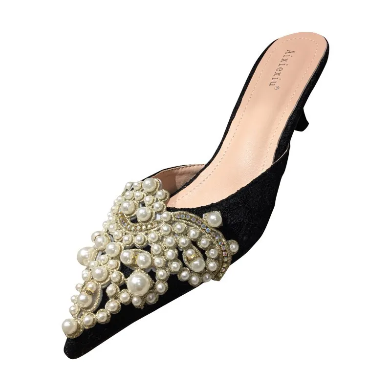 Large Pearl Women Shoe Autumn Lace Rhinestone Mid Heel Half Slipper Sandals Fashion Muller Shoes Casual Versatile Single Shoes