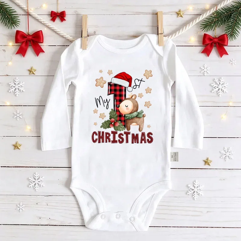 My First Christmas Baby Bodysuit Long Sleeve Cute Reindeer Santa Print Newborn Xmas Romper Infant New Year Holiday Outfit