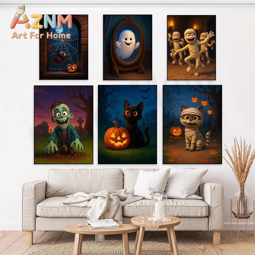 Halloween print, cute pumpkin, black cat, spider web, mummy cat print, vampire, scary autumn pumpkin home decor poster