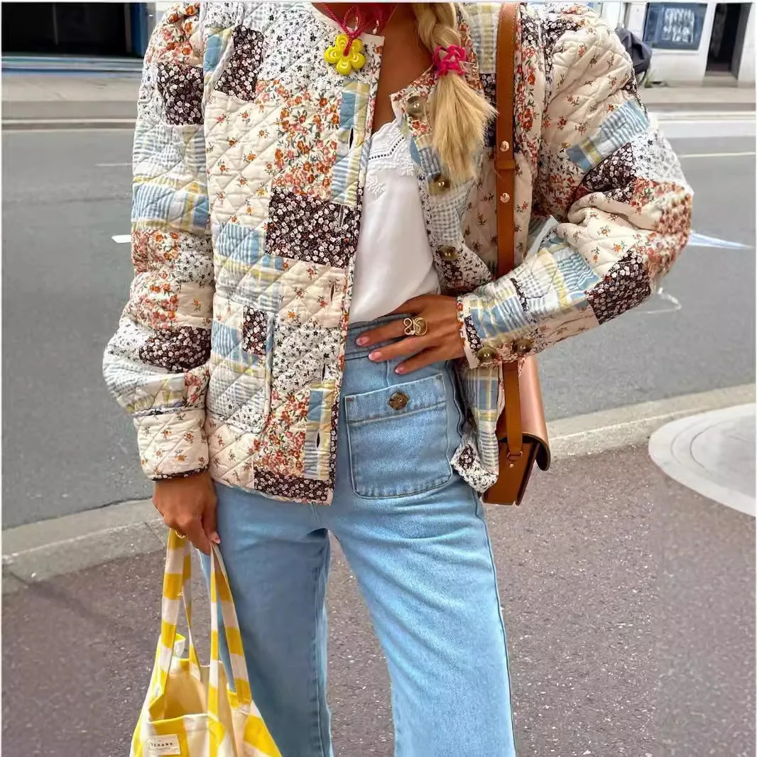 

Women's Printing Patchwork Cardigan Cotton Coats Autumn Winter Thicken Warm Short Jackets Female Oversized O-Neck Outerwear