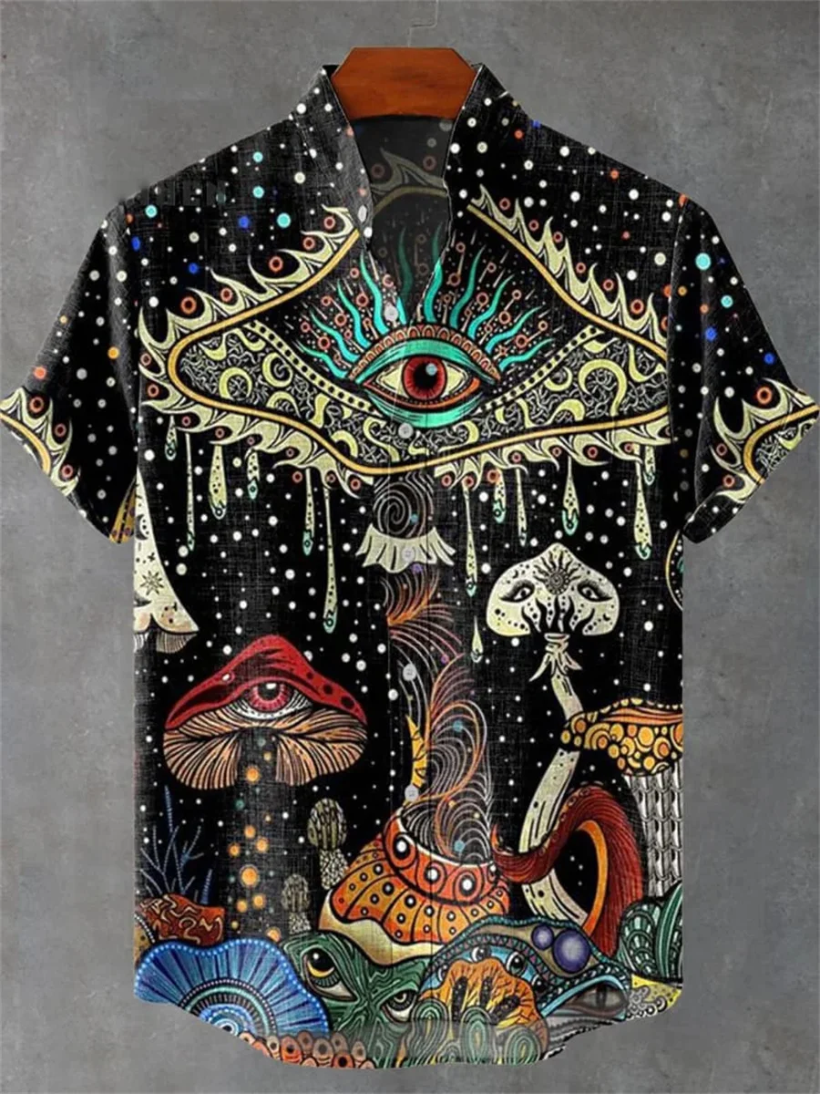 New Comfortable Hot-Selling Men's Irregular Pattern Printed Casual Streetwear Vintage Linen Stand Collar Short Sleeve Shirt