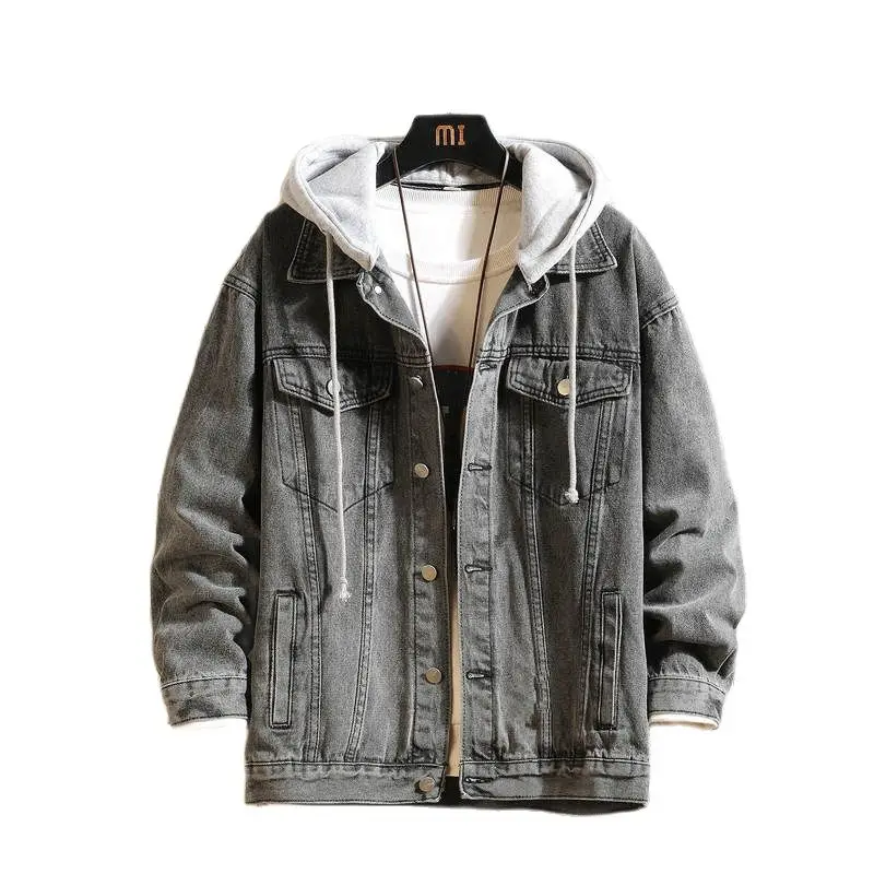 Denim Jacket Men Hooded Casual Man Jean Jackets Harajuku Solid Color Turn Down Collar Wash Coats Mens Jacktes Hat Detachable