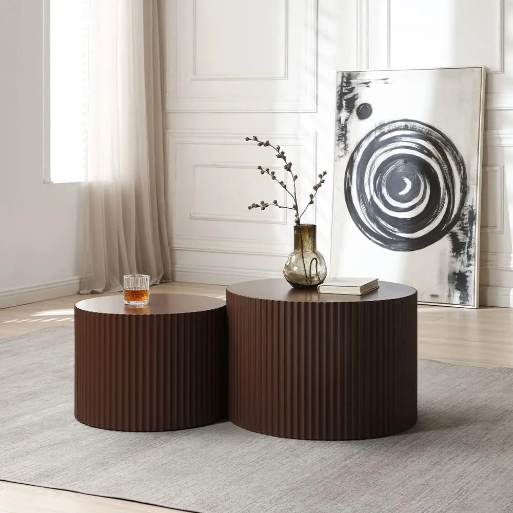 طقم طاولة قهوة متداخلة خشبية بنية حديثة، مكون من قطعتين طاولات جانبية مستديرة فاخرة لهجات غرفة المعيشة #5