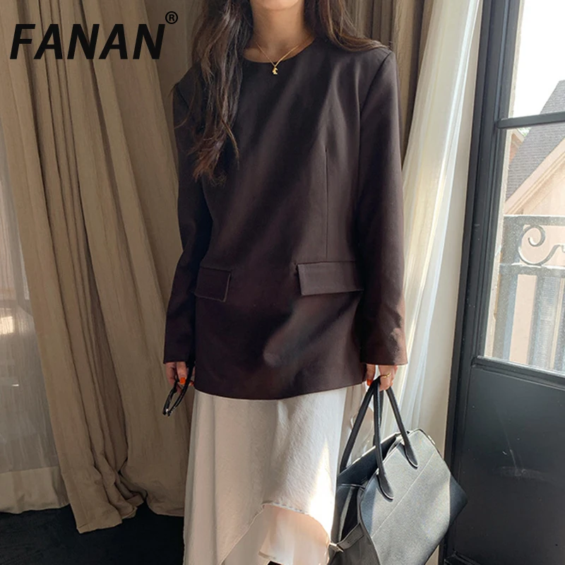 

FANAN Temperament Belt Gathered Waist Blazers Women's Round Neck Long Sleeve Fit Office Lady Jackets Fashion 2025 Autumn New