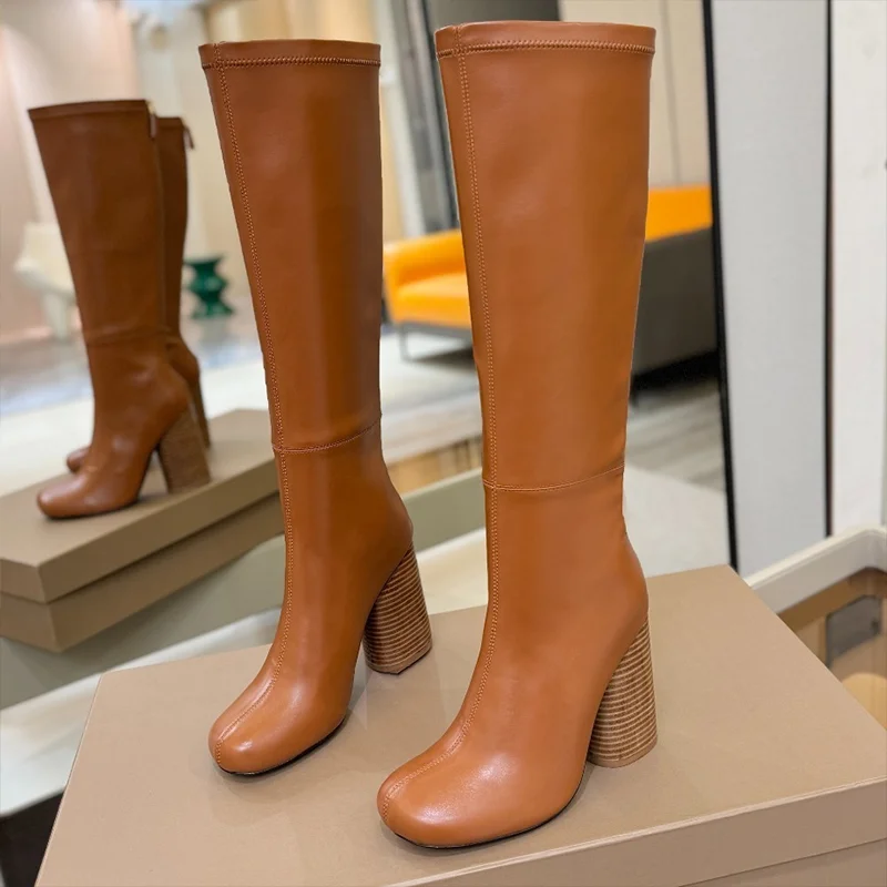 

High quality Vintage classic layered leather bag heel women's stretch knee boots foot padding made of sheepskin 25081209