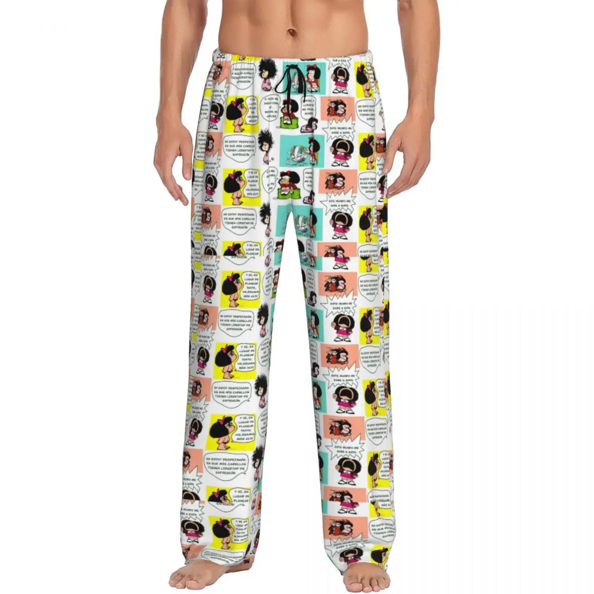 Custom Manga Quino Mafalda Pajama Pants for Men Kawaii Cartoon Lounge Sleep Drawstring Sleepwear Bottoms with Pockets