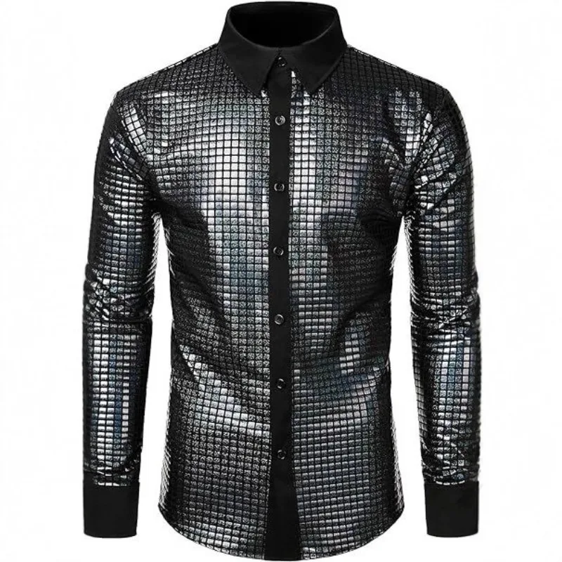 

Mens Sequin Shirt Long Sleeve Shiny Metallic Collar Casual Top Euro Size New Arrival