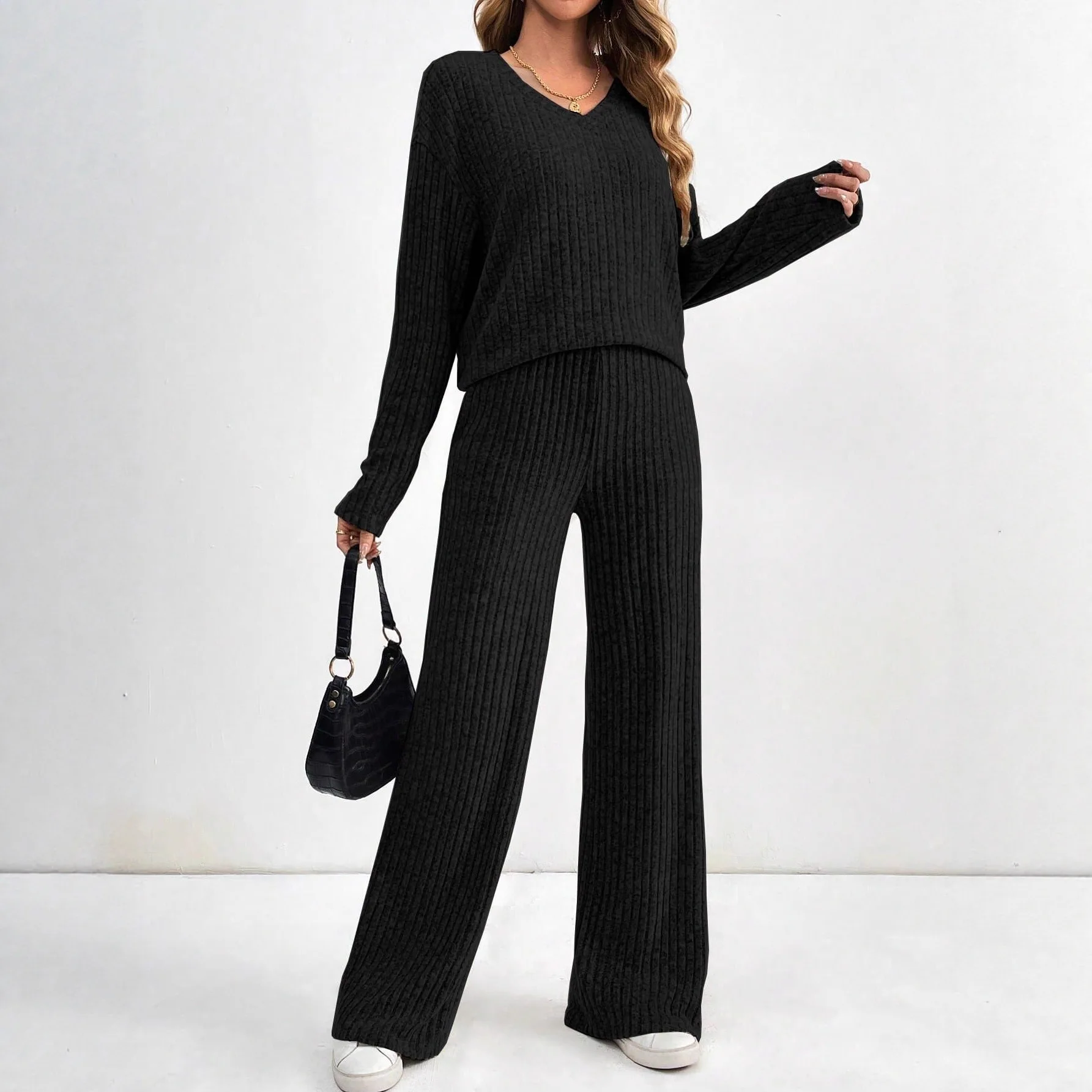 Women's Autumn Winter Two Piece Knitted Pant Set Fashion V-neck Long Sleeve Straight Leg Pocket Pants Sleepwear Set