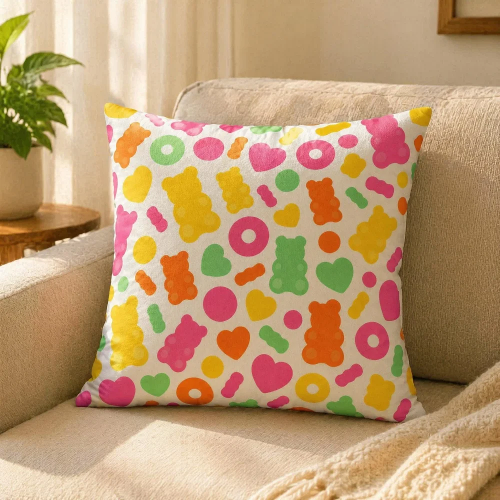Colorful Gummy Bear Candy Decorative Pillow Ultra Soft Skin Friendly Hidden Zipper Square Seat Cushion Kawaii Kids Sofa Decor