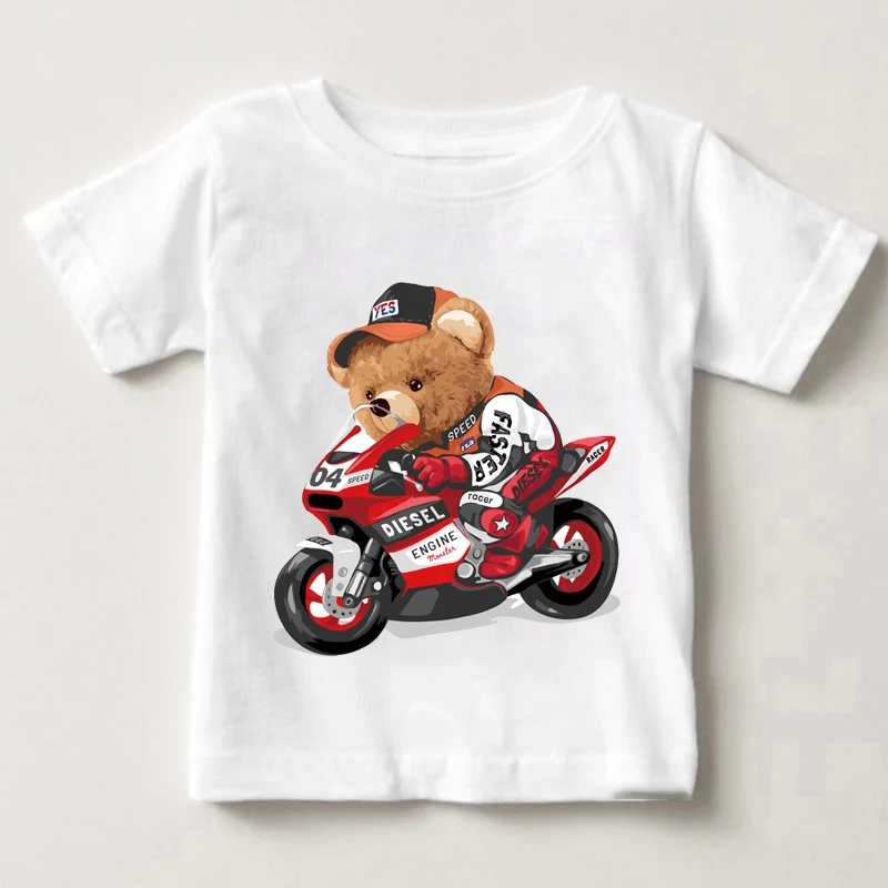 Funny Bear Riding Motorcycle Car Print Boys And Girls White T-shirt Children\'s Summer Harajuku Kawaii Funny Baby Y2K Clothes