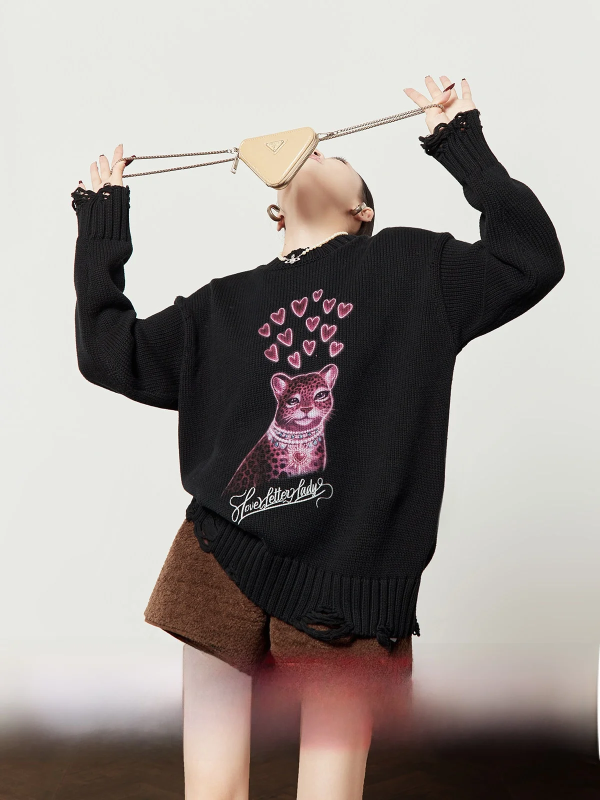 

Bla Casual Loose round Ne Sweater Women's Spring New Sle Zhou Li Wu Brand Pink Glitter Leopard Print Knitted Top