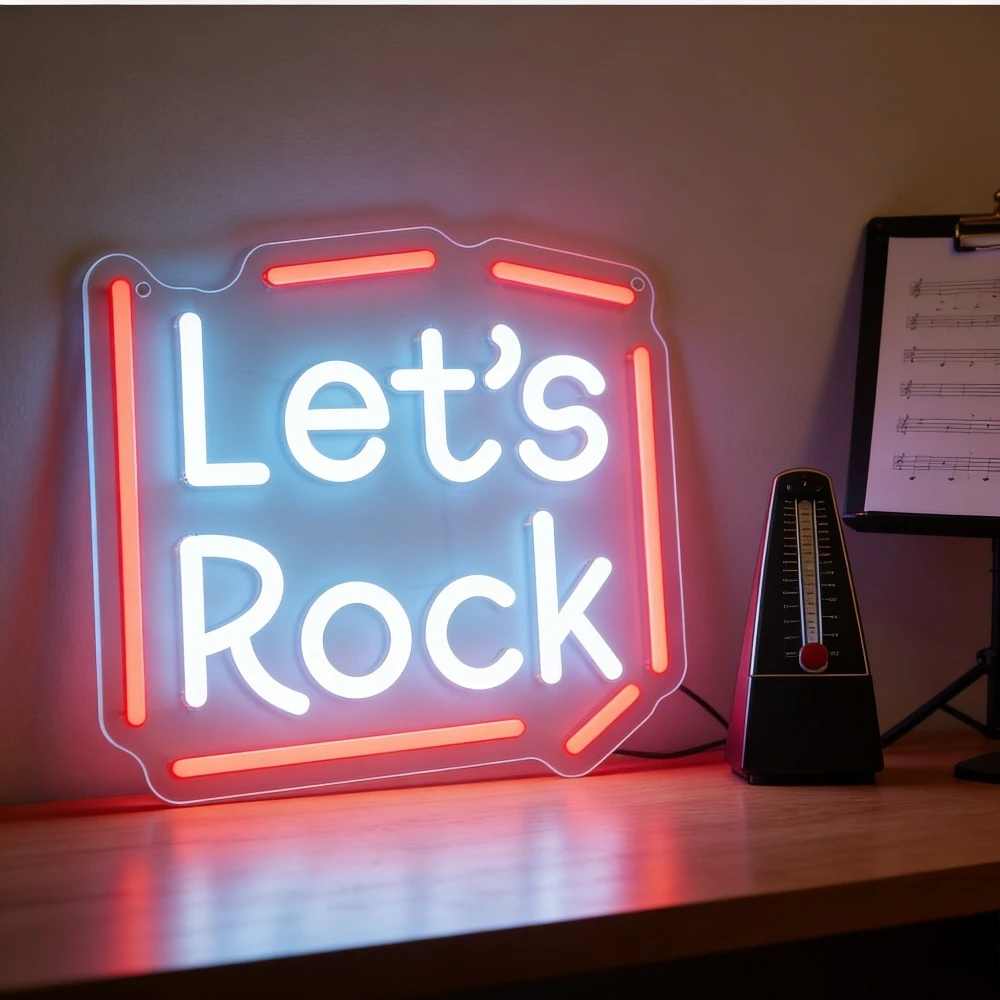 

Светодиодная неоновая вывеска «Let's Rock» с красной рамкой и белым свечением для музыкальной студии, спальни, бара, вечеринки, настенный декор, украшение для дома, подарок в стиле рок-музыки