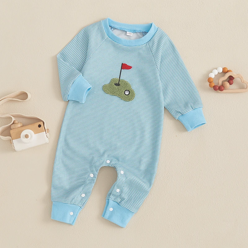 Baby Boy Striped Romper Golf Embroidery Crew Neck Long Sleeve Full Length Sweatshirt Jumpsuit