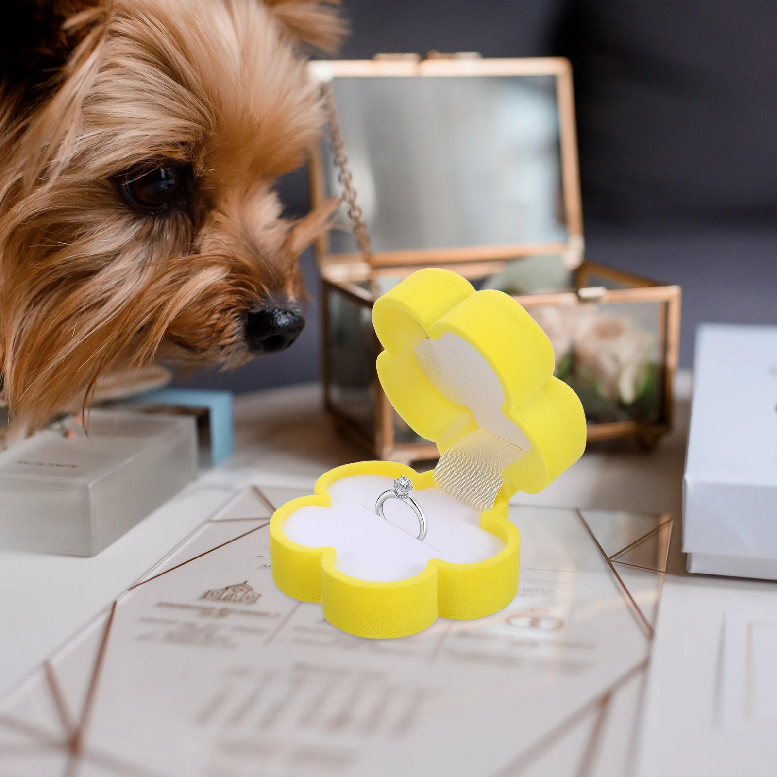 

Yellow Flower Ring Box Fine Craft Wedding Ring Case Jewelry Storage Organizer Gift Box for Bridal Shower Jewelry Case