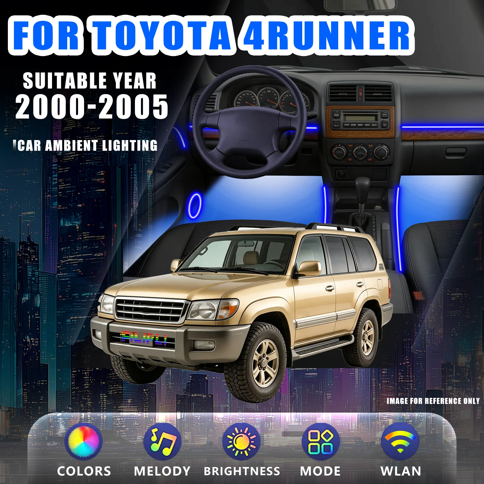 FOR TOYOTA 4RUNNER 2000-2005 YEAR RGB 18 Lights Car Ambient Light Kit 3 Gear Color Temp Low Blue Light Eye Care Overheat Overcurrent Protection One Touch Control
