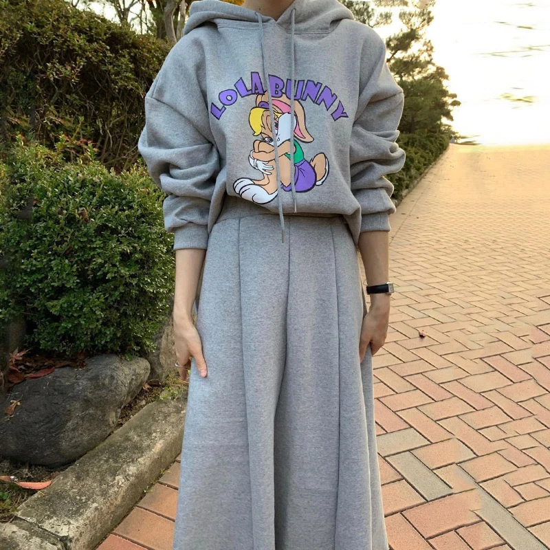 Conjunto de dos piezas de moda para mujer Liangliang: suda con capucha de forro polar con estampado de dibujos animados a...