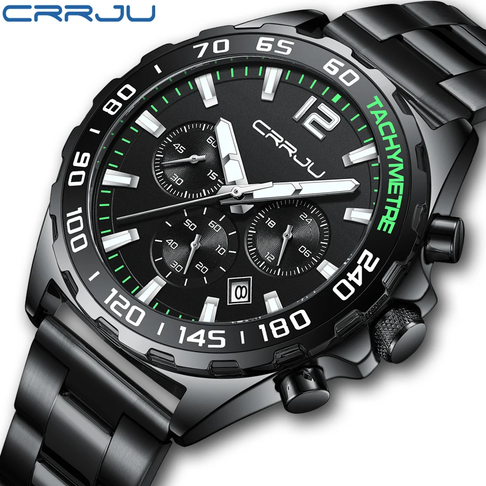 

CRRJU Watches for Men Top Brand Luxury Waterproof Chronograph Quartz Mens Watch Stainless Steel Sport Wristwatch Male Clock